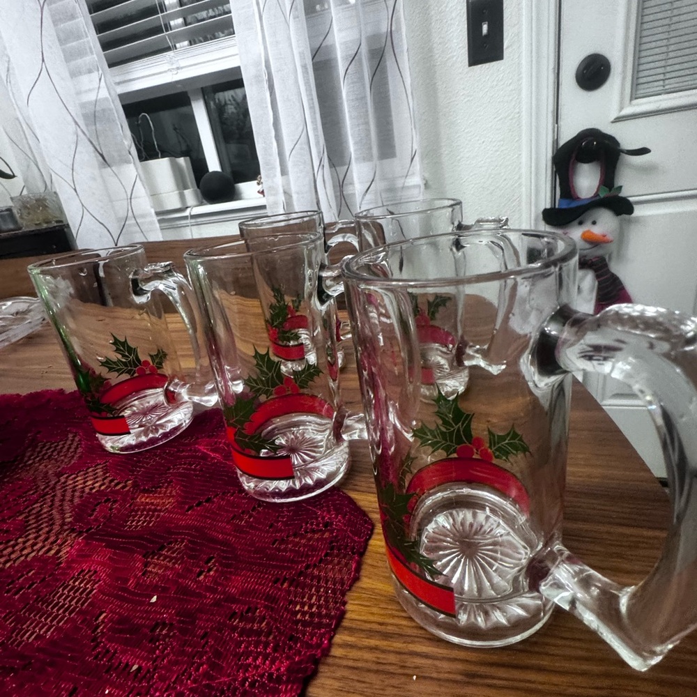 Festive vintage Libby Holiday Glass Mugs with Holly Design
